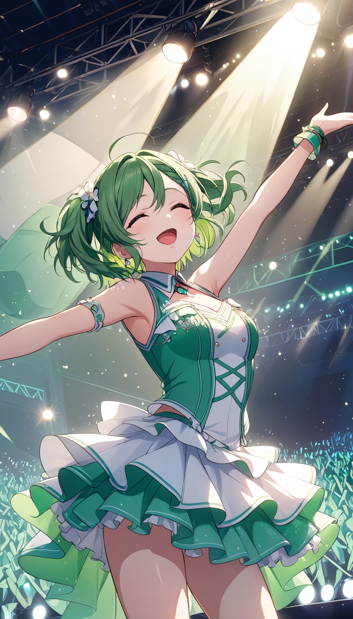 (((Best quality, 8k, Masterpiece: 1.3)), ((best quality)), ((masterpiece)), (detailed), perfect face, perfect body, (detailed skin:1.3), (intricate details), green hair, expressive hair, medium hair, idol, Live venue, spotlight, dancing, singing, enjoy