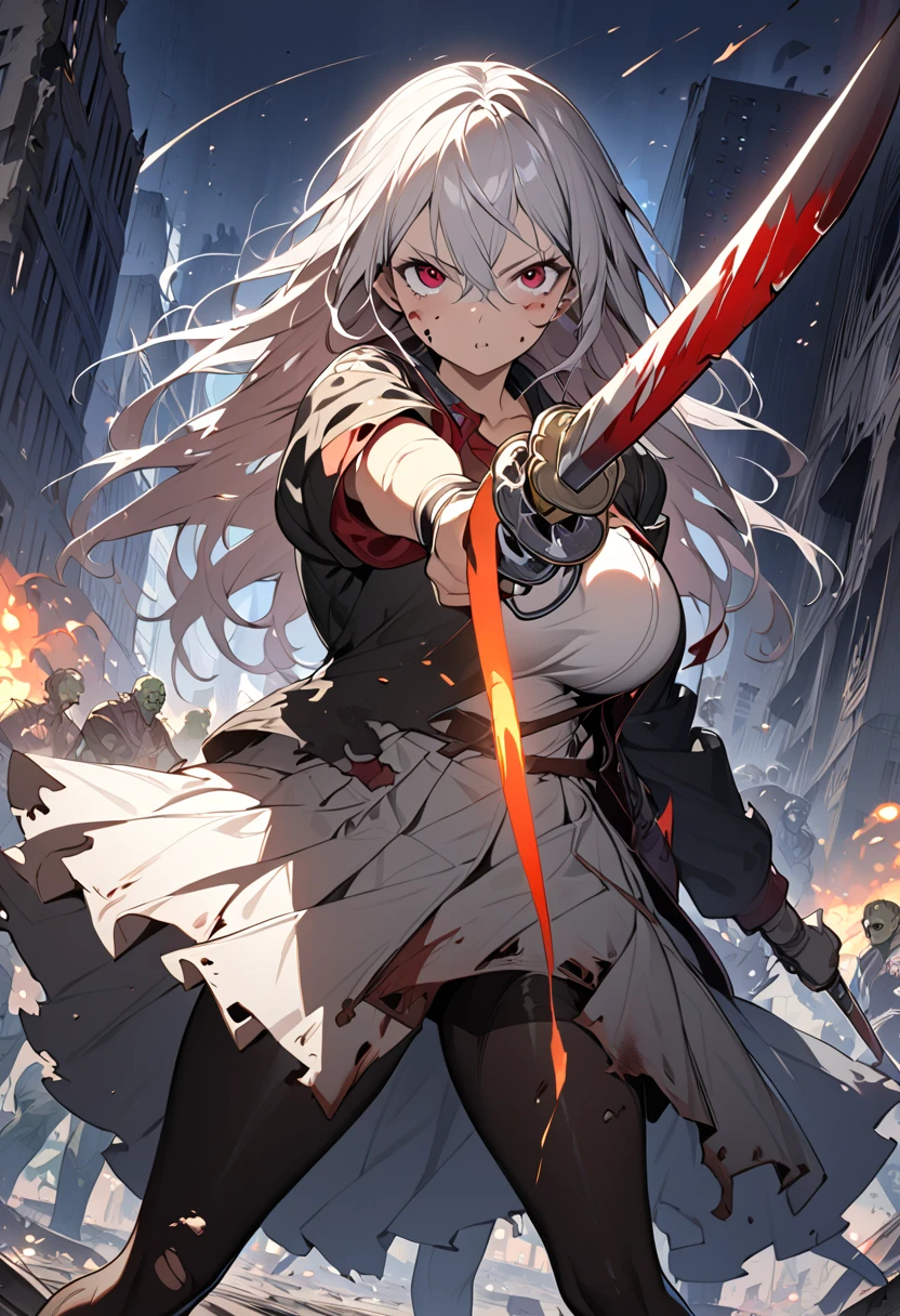  (best quality),(very aesthetic),(ultra-detailed),(best illustration),( highres icon), (beautiful),(masterpiece),(extremely detailed face), A high school girl fighting against a group of zombies in ruins,1girl,Alone,red eyes,silver hair,long hair, hairs between eyes.big breast,big thighs,wide hip,shout,(school uniform),black pantyhose, ankle boots,(torn clothes:1.5, torn clothes),Holding a katana-sword in hand,mid night, big red moon floating in the night sky, anatomically correct, zombies attacking the girl,Multiple Zombies,Abandoned City, Burning City ,sparks are scattered ,A battle taking place in a ruined city, with skyscrapers collapsing,Mountain of s,white bra,white panties,(dynamic pose,fighting stance)