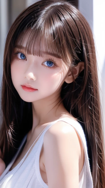  portrait、( school uniform )、young, shiny, very white, bright glossy skin、The best baby face looks、Bite your hair、、Blonde reflection、 natural platinum blonde hair with dazzling highlights 、 shiny bright hair ,、 Smooth, Super Long, Super Long Straight Hair 、Shiny, beautiful bangs、Bangs between the eyes、 bangs over eyes 、Bangs above the face、Big, shining, clear, incredibly bright, sky blue eyes、 Very Big Eyes 、very beautiful lovely cute  girl 、Ample Bust、With slit、((I could see the whole body))、Small Face Beauty、Round face、 cheek gloss highlights、