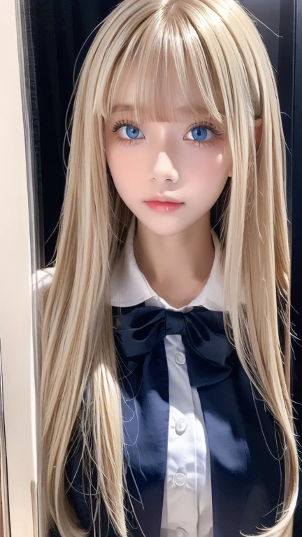  portrait、( school uniform )、young, shiny, very white, bright glossy skin、The best  looks、Bite your hair、、Blonde reflection、 natural platinum blonde hair with dazzling highlights 、 shiny bright hair ,、 Smooth, Super Long, Super Long Straight Hair 、Shiny, beautiful bangs、Bangs between the eyes、 bangs over eyes 、Bangs above the face、Big, shining, clear, incredibly bright, sky blue eyes、 Very Big Eyes 、very beautiful lovely cute  girl 、Ample Bust、With slit、((I could see the whole body))、Small Face Beauty、Round face、 cheek gloss highlights、