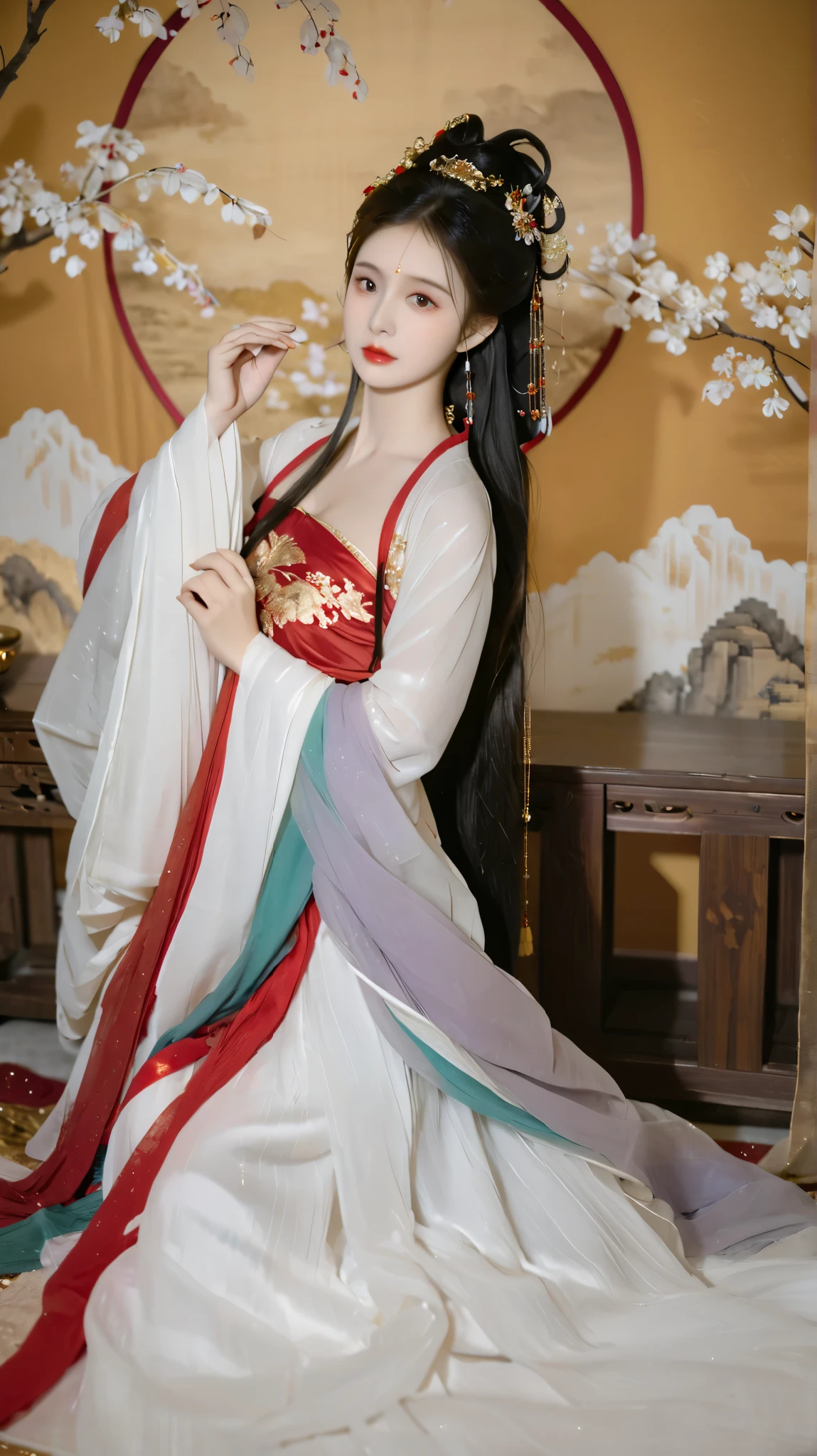 masterpiece, Best Quality , 8K, movie lighting, super high resolution, Chinese Art, Chinese painting, 1 girl, (((8K, RAW Photo , Best Quality at best, masterpiece: 1.4))), (dark and long hair ), ( Ancient Chinese Outfit ,pleated long skirt,Gold chain,red color Hanfu,Gold rim embroidery), Game Fairy, peach blossom decoration, Hanfu, , Flowing gauze, Jewel-like, (focus), ((( colorful))),(sketch:0.8) , masterpiece, Best Quality , Beautiful painting, meticulous,(Denoising:0.6), Very detailed, (masterpiece, Best Quality ) CG unified 8K wallpaper,masterpiece, Best Quality at best, super detailed), Ultra HD,Clear face, hair between eyes , (((White clean background)))