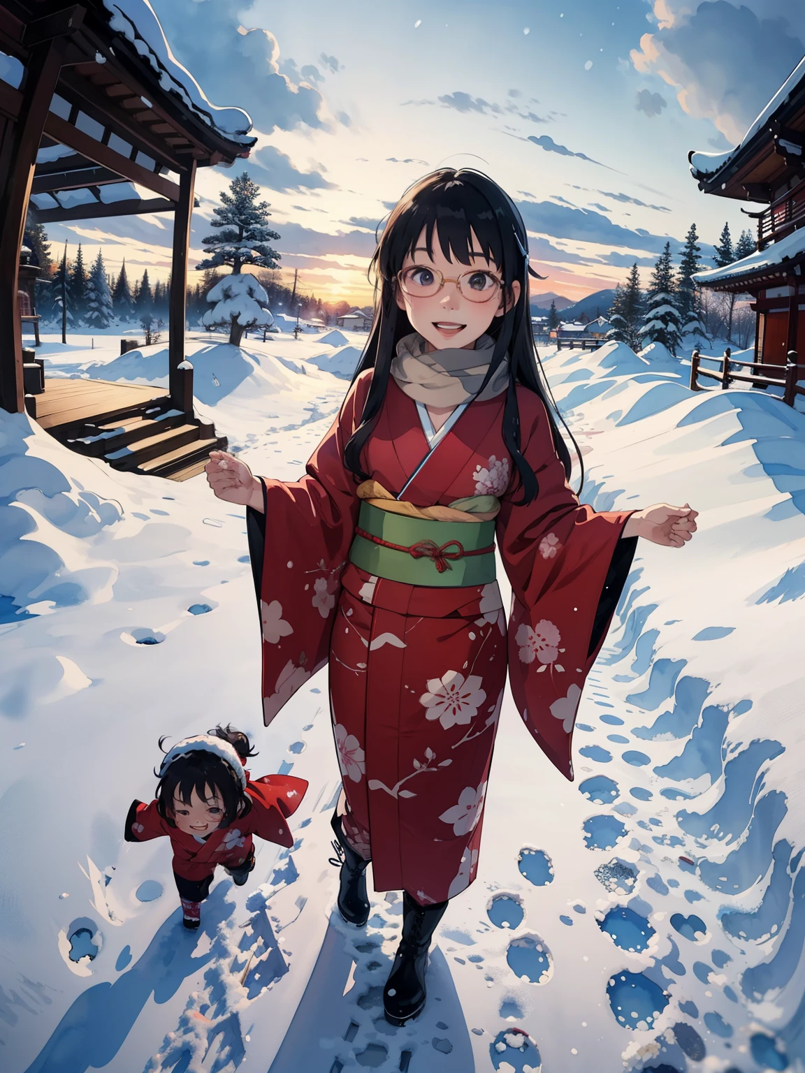 masterpiece，  High Quality  ，  high image quality ，(  super flat ，  flat shading )，  fisheye lens， beautiful petite trained young mother and very cute trained daughter:1.25，  warm scarf  ， (naked)，  long hair, Glasses， ((Beautiful kimono)),  boots, smile, smile, White Breath，fun, play, winter, snow, 新snow，dusk，  Beautiful Sunsets ， Shrine visit，Wide angle,  bright color , watercolor,  Ghibli style，Strong winds，  girl&#39;Lure，