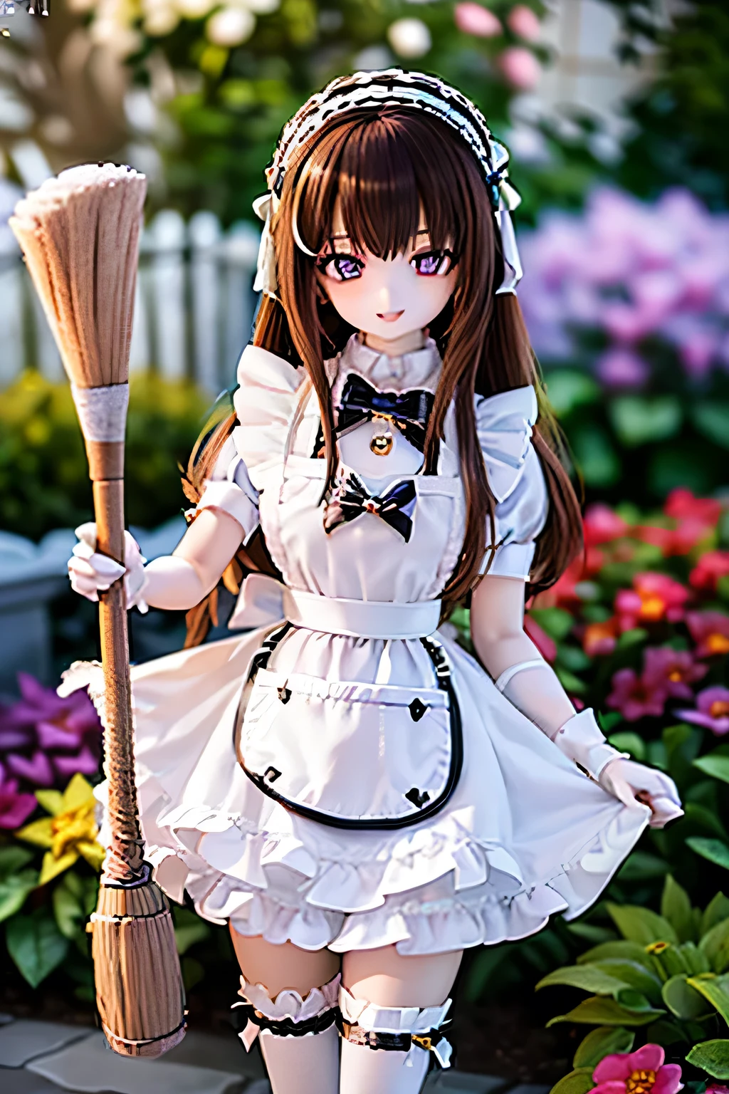 (SFW:2), photorealistic, realistic photo, 8k, Canon EOS, ((highest quality)), ((masterpiece)), (extremely detailed), dd, doll, idol dress, (squinted eyes:1.4), (mature woman, 21yo, 21 years old, solo, plastic skin, slim, skinny, slender, garden:1.6), (cowboy shot, holding a broom, sweeping, brown hair, long hair, bow, maid headpiece, black maid costume, maid apron, white thigh highs, smile, half opened mouth, purple brown eyes, glass eyes, shining eyes, detailed face:1.3)