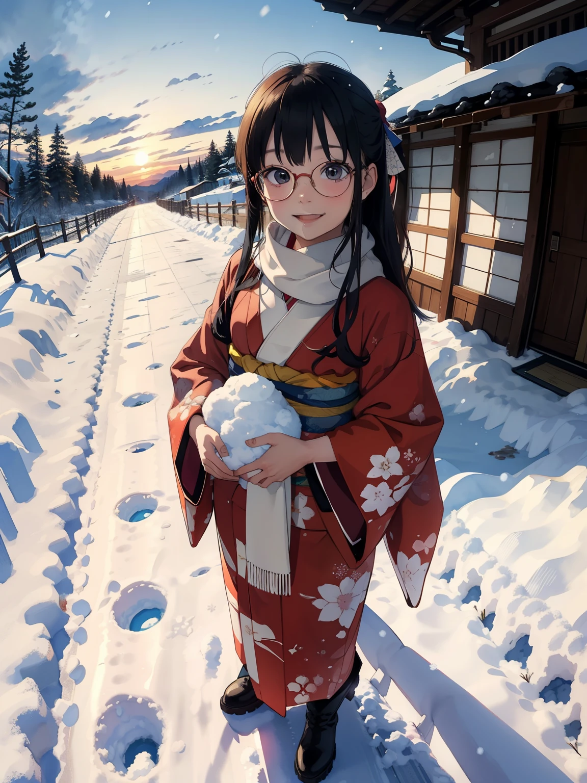 masterpiece，  High Quality  ，  high image quality ，(  super flat ，  flat shading )，  fisheye lens，Beautiful petite trained young mother and very cute trained daughter:1.25，  warm scarf  ， (naked)，  long hair, Glasses， ((Beautiful kimono)),  boots, smile, smile, White Breath，fun, play, winter, snow, 新snow，dusk，  Beautiful Sunsets ， Shrine visit，Wide angle,  bright color , watercolor,  Ghibli style，Strong winds，  girl&#39;Lure，