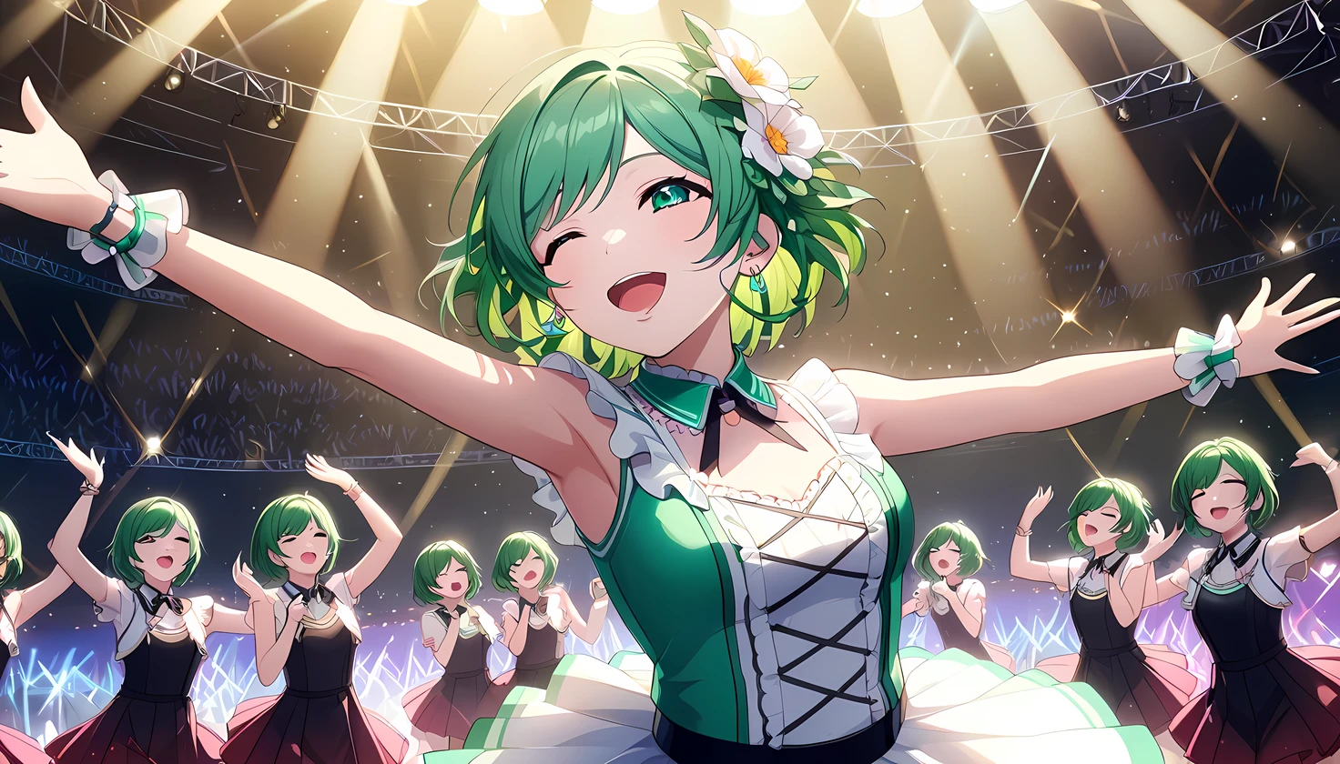 (((Best quality, 8k, Masterpiece: 1.3)), ((best quality)), ((masterpiece)), (detailed), perfect face, perfect body, (detailed skin:1.3), (intricate details), green hair, expressive hair, medium hair, idol, Live venue, spotlight, dancing, singing, enjoy