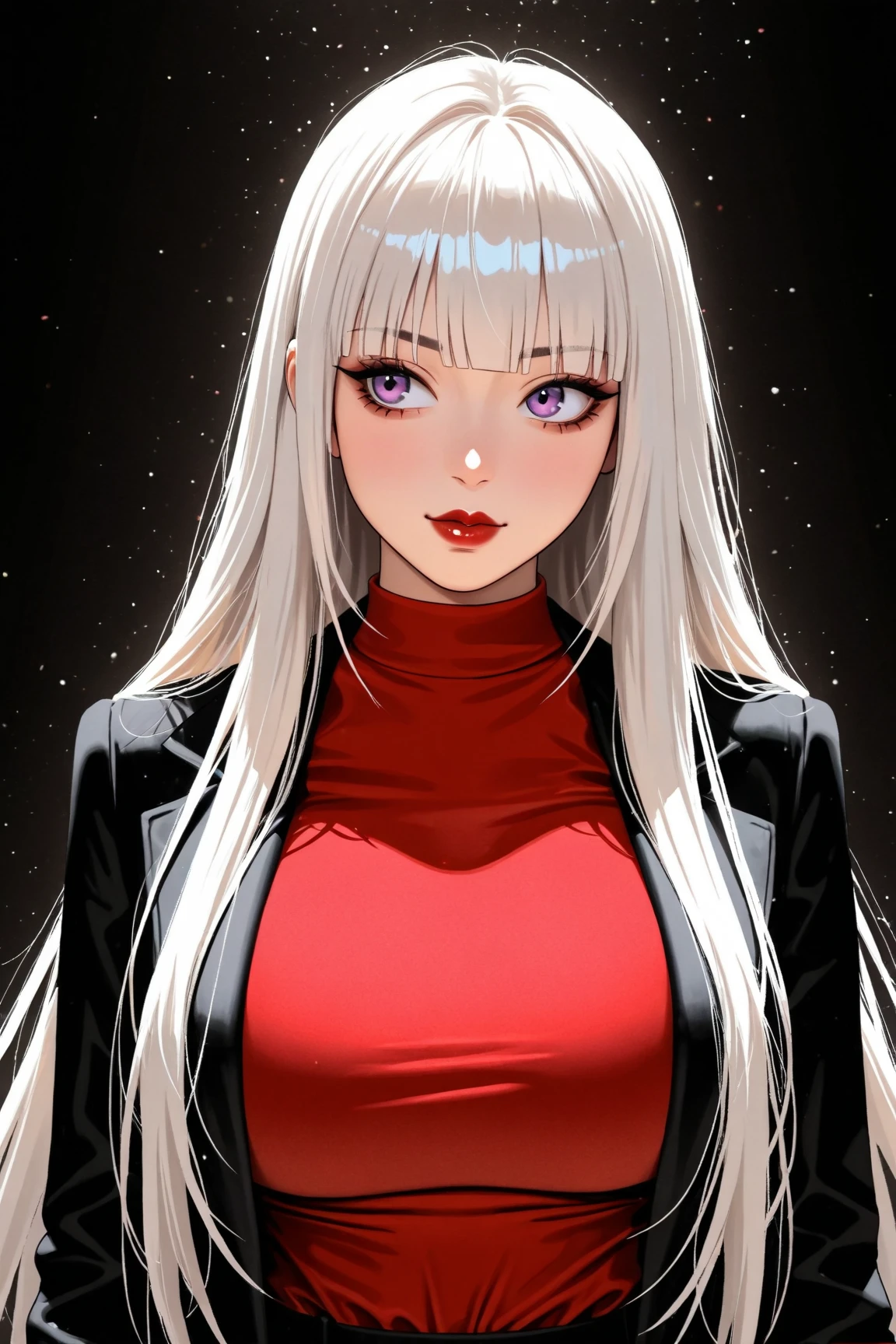 A beautiful asian woman with long straight white hair, straight bangs, big purple eyes, red lips, big breasts, and very pronounced cleavage stands facing viewer, though an extremely modern girl dressed in colorful alternative harujuku fashion who could be mistaken for a kpop superstar, manga, anime, hyperreal, ultra detailed, 16k, black background, 
