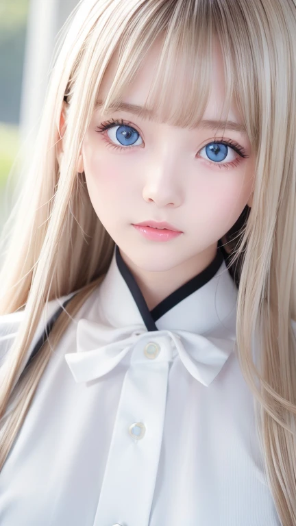  portrait、( school uniform )、young, shiny, very white, bright glossy skin、The best baby face looks、Bite your hair、、Blonde reflection、 natural platinum blonde hair with dazzling highlights 、 shiny bright hair ,、 Smooth, Super Long, Super Long Straight Hair 、Shiny, beautiful bangs、Bangs between the eyes、 bangs over eyes 、Bangs above the face、 big bright sky blue eyes that are shining, clear, extremely vivid、 Very Big Eyes 、very beautiful lovely cute  girl 、Ample Bust、With slit、((I could see the whole body))、Small Face Beauty、Round face、 cheek gloss highlights、