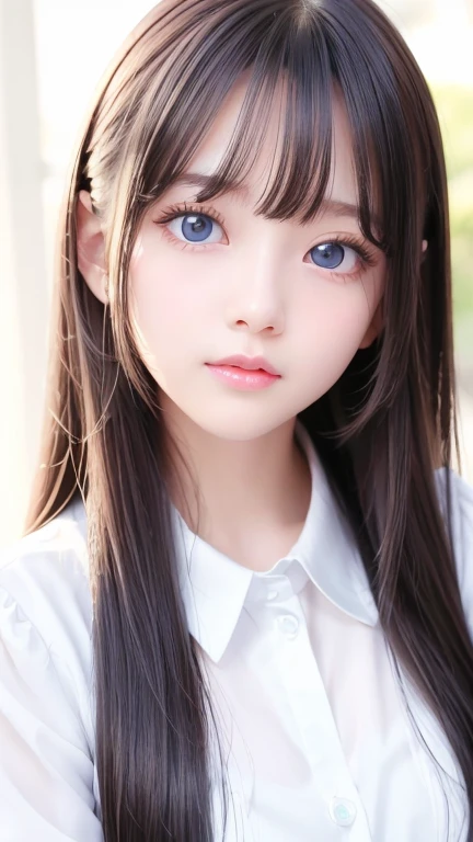  portrait、( school uniform )、young, shiny, very white, bright glossy skin、The best baby face looks、Bite your hair、、Blonde reflection、 natural platinum blonde hair with dazzling highlights 、 shiny bright hair ,、 Smooth, Super Long, Super Long Straight Hair 、Shiny, beautiful bangs、Bangs between the eyes、 bangs over eyes 、Bangs above the face、 big bright sky blue eyes that are shining, clear, extremely vivid、 Very Big Eyes 、very beautiful lovely cute  girl 、Ample Bust、With slit、((I could see the whole body))、Small Face Beauty、Round face、 cheek gloss highlights、