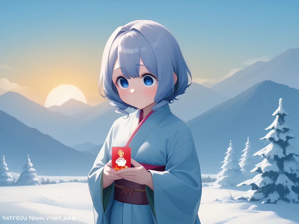    2025 New Year's Card 、Mount Fuji、First sunrise of the year、Cranes fly in the sky 、 3 cute beautiful girls 、 、round face、 and the eyes are big、Droopy eyes、 wearing a kimono 、 play with snowmen 、 The background is a fantastic bright snowy landscape