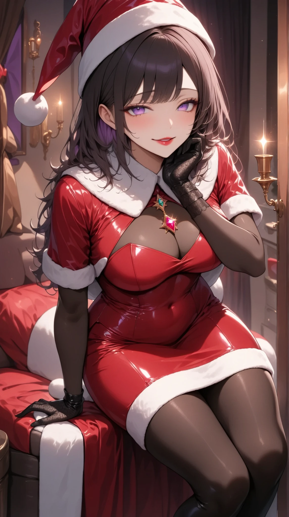 (8K、Top image quality、top-quality、masterpiece)、A detailed face、1 girl in、A dark-haired、Long、black eyes、A slight smil、Moderately breasts、Santa Hat、santa costume、off shoulders、Strapless、Put your hand to your mouth、a miniskirt、black pantyhose、cowboy shot、((natta))、window、yuki、sit on a bed、bedroom background