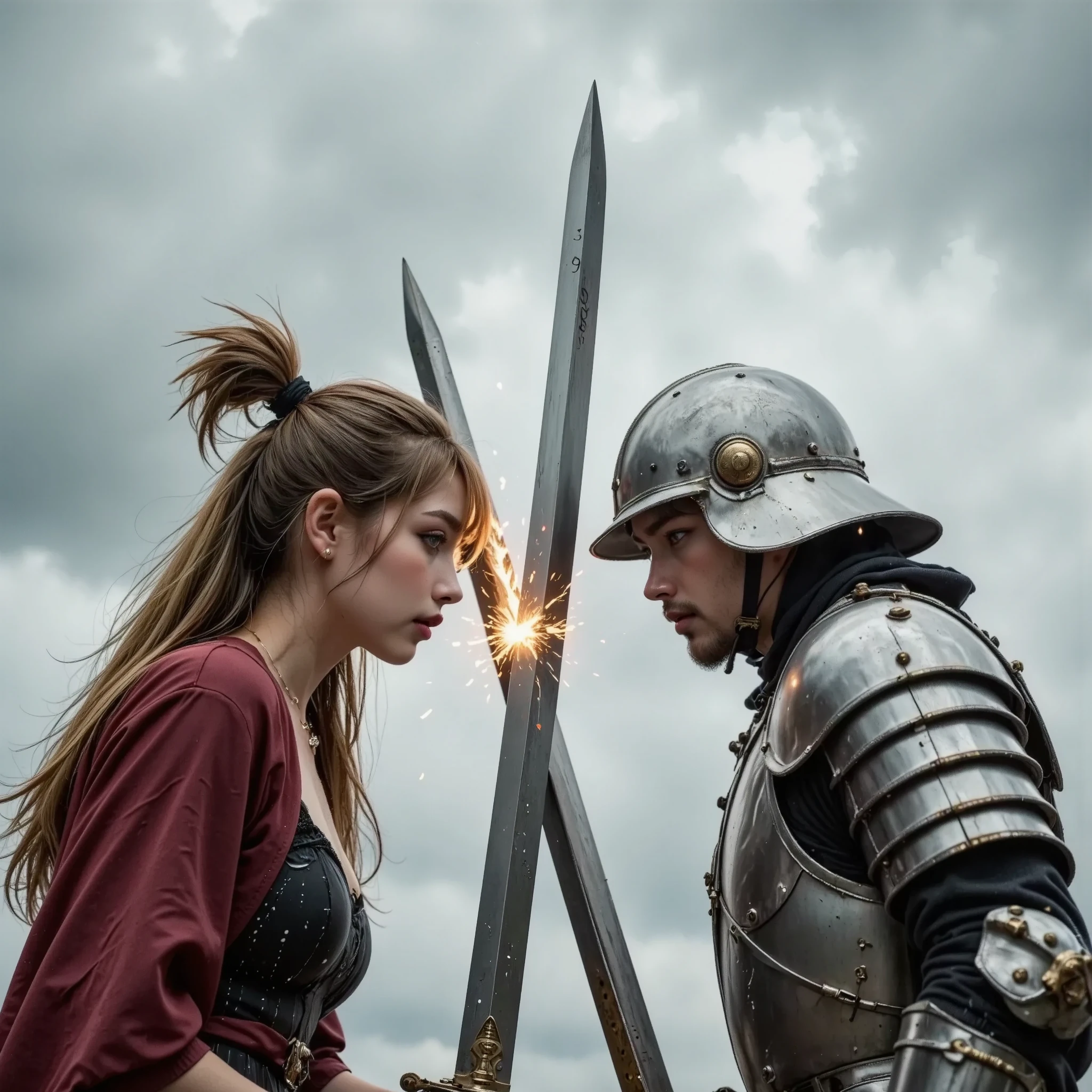 1man, 1woman, ( One woman is a Japanese samurai ,  One man is a knight in plate armor  :2.0), (close_up shot, face_focus:1.6), ( a woman and a man fight with swords  :2.0), ( A female samurai and a male knight hit each other diagonally with swords in the center of the screen :2.0), (A woman and a man stare at each other ,A female samurai and a male knight, staring closely into their opponent's eyes ,   Japanese swords and long swords are fierce in the middle of the screen [x] and sparks scatter  :1.6),  (Tragic Battlefield ,  many knights ,  samurai are tired and fall down  :2), ( upper body only,  shot above the chest :1.6), ( standing with different breasts , Look at each other,  from side, Side faces of the two  :1.6),  cloudy sky , Desolate Plains :1.4), break ( top quality, masterpiece :1.6), (32K Ultra High Definition ,  super high resolution  :1.6) , ( photorealistic,  Super Realism  :1.4), 