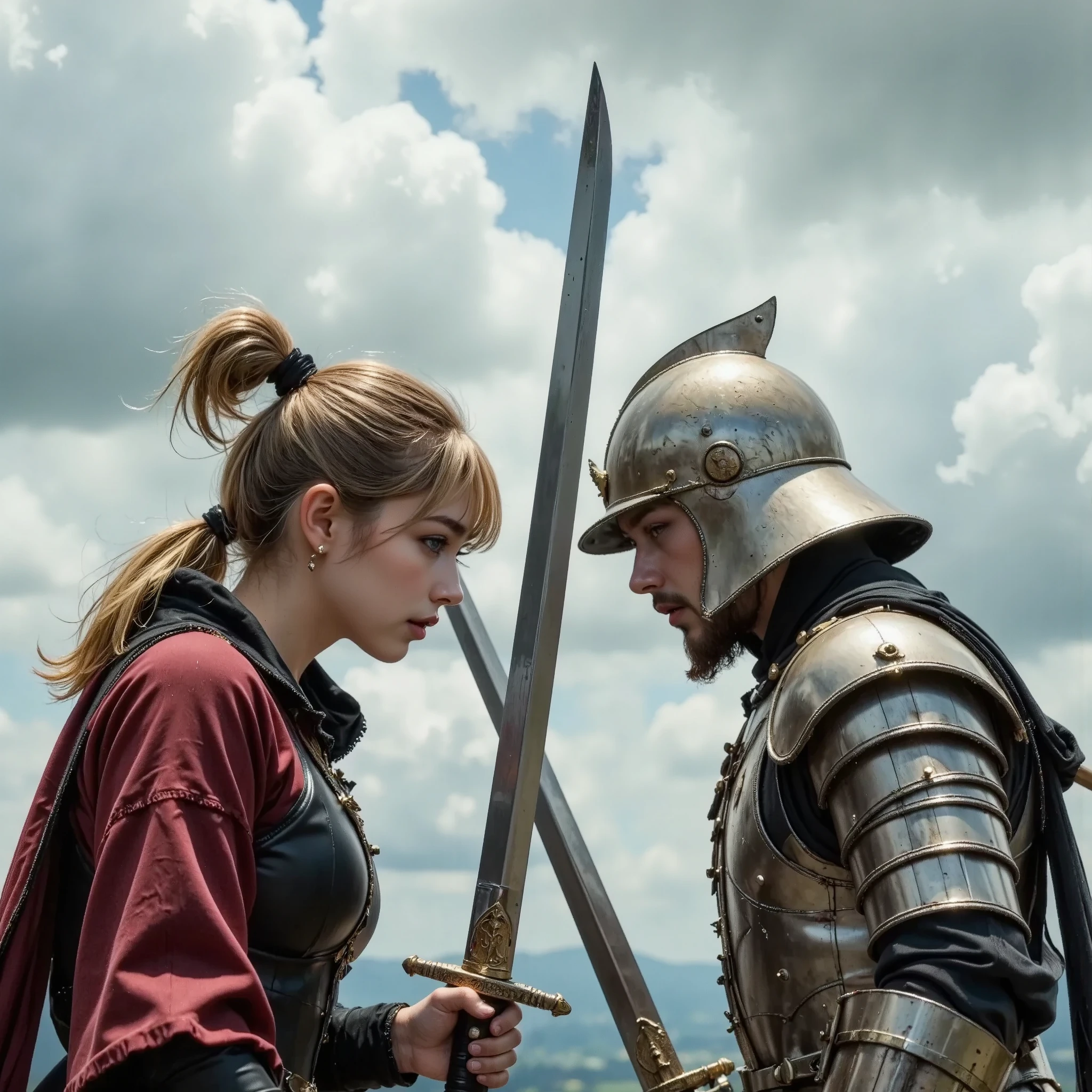 1man, 1woman, ( One woman is a Japanese samurai ,  One man is a knight in plate armor  :2.0), (close_up shot, face_focus:1.6), ( a woman and a man fight with swords  :2.0), ( hit each other diagonally with swords in the center of the screen :2.0), (A woman and a man stare at each other ,A female samurai and a male knight, staring closely into their opponent's eyes ,   Japanese swords and long swords are fierce in the middle of the screen [x] and sparks scatter  :1.6),  (Tragic Battlefield ,  many knights ,  samurai are tired and fall down  :2), ( upper body only,  shot above the chest :1.6), ( standing with different breasts , Look at each other,  from side, Side faces of the two  :1.6),  cloudy sky , Desolate Plains :1.4), break ( top quality, masterpiece :1.6), (32K Ultra High Definition ,  super high resolution  :1.6) , ( photorealistic,  Super Realism  :1.4), 