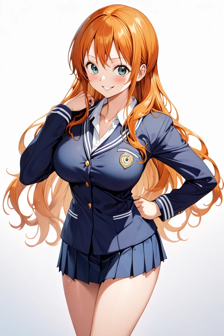 masterpiece, Best Quality, High resolution,16k,official art,super detailed skin,detailed,animated painting,(Nami:1.5),(onepiece:1.2),1990s \(style\),(E-cup beautiful breasts)、 (tall:1.2),height: 175cm,Fashion model body type、clevage, Sexy long legs,(highschool uniform,white long-sleave shirt,mini skirt:1.2), oraneg hair、long hair,big eyes,long eyelushes,Muscular、1girl,solo,nsfw,sexy,happy,light smile,shy,blush,(vulgarity:1.3)、(Ahegao:1.2),Anime-style painting style,Close up on full body,Cinematic lighting,Superfine,Seductively Posing,dynamic angle, closeup shot,simple white background,Sweating all over the body,splead legs,morning