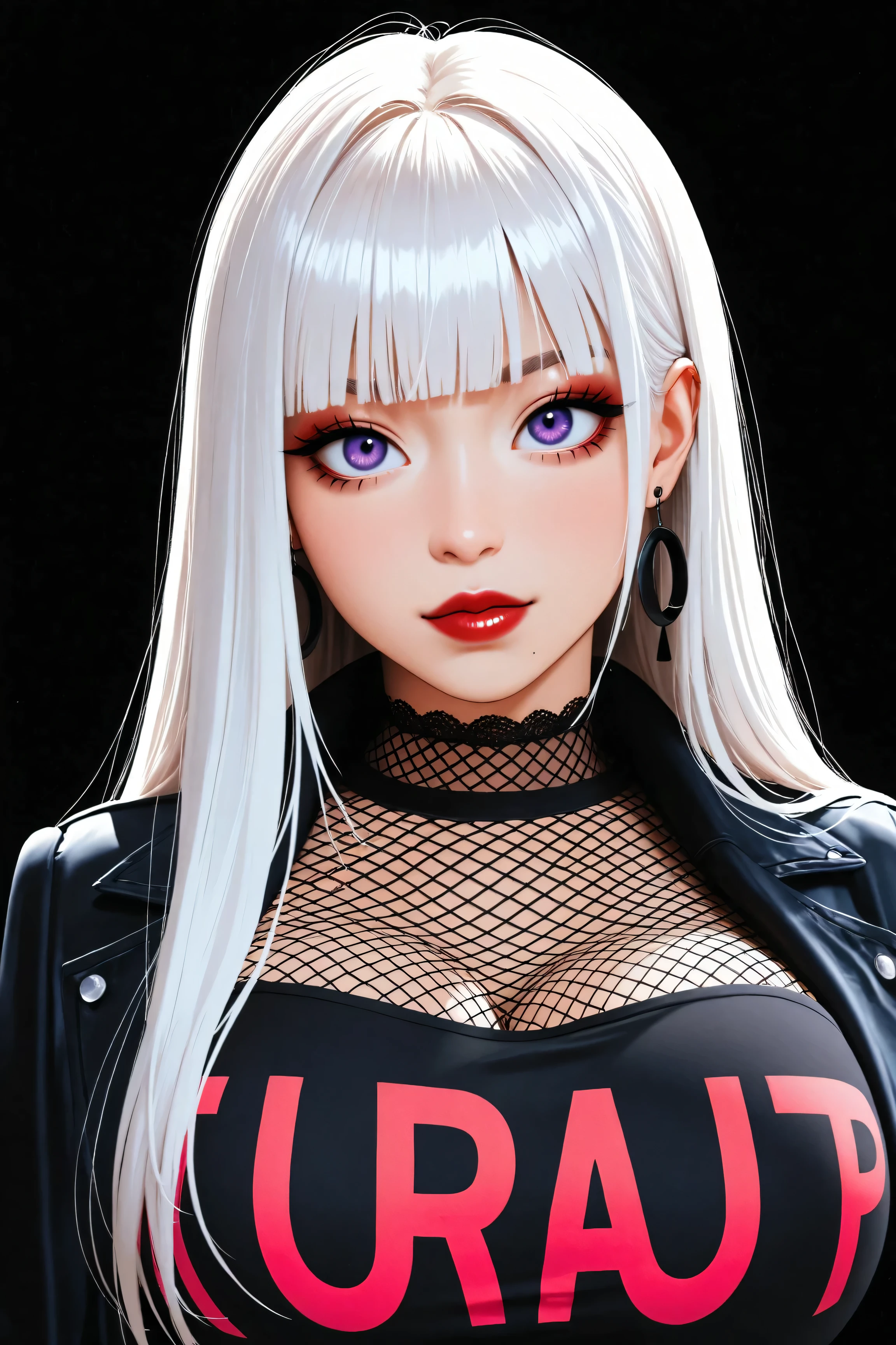 A beautiful asian woman with long straight white hair, straight bangs, big purple eyes, red lips, big breasts, and very pronounced cleavage stands facing viewer, though an extremely modern girl dressed in colorful alternative harujuku fashion who could be mistaken for a kpop superstar, manga, anime, hyperreal, ultra detailed, 16k, black background, 
