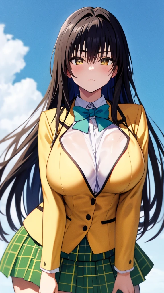 masterpiece, best quality, defYui, yellow blazer, long sleeves, green bowtie, plaid skirt, large breasts, furrowed brow, looking at viewer, blue sky, clouds, 