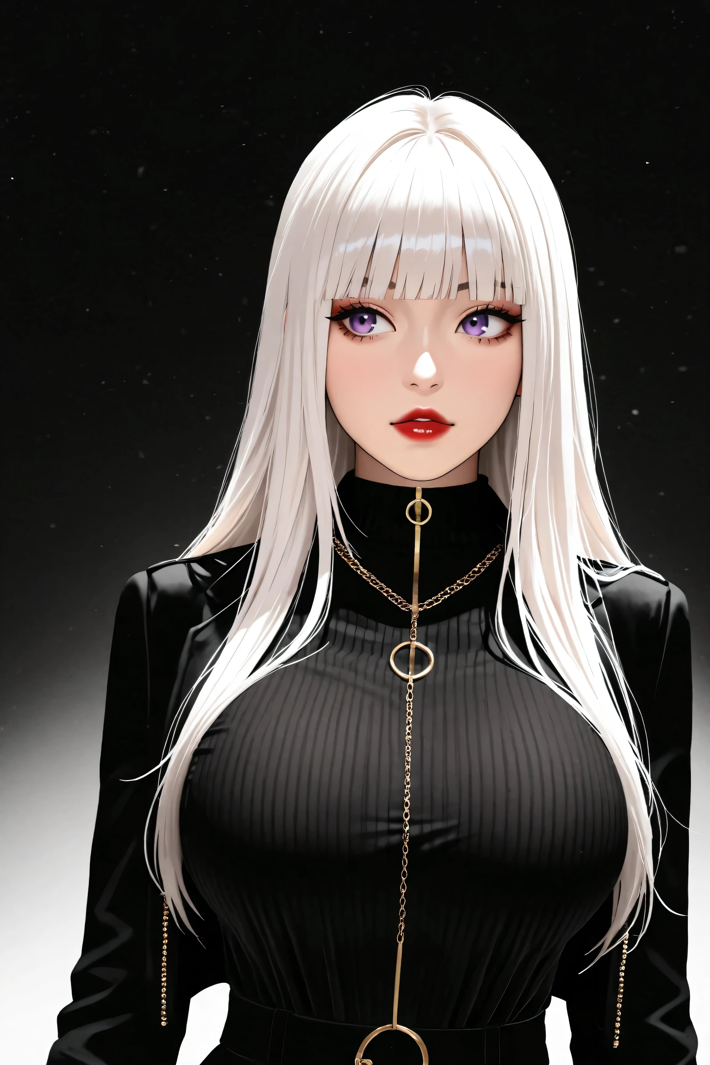 A beautiful asian woman with long straight white hair, straight bangs, big purple eyes, red lips, big breasts, and very pronounced cleavage stands facing viewer, though an extremely modern girl dressed in colorful alternative harujuku fashion who could be mistaken for a kpop superstar, manga, anime, hyperreal, ultra detailed, 16k, black background, 
