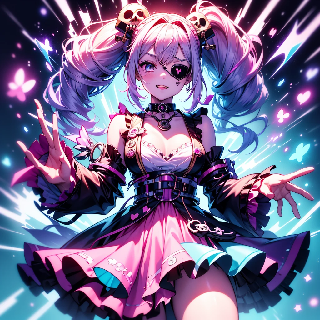 ((best quality)) , ((masterpiece)) , (detailed),A full body illustration of an American female character in the style of Hearthstone card art, dancing on a disco dancefloor with a big glittering mirror ball overhead. She wears purple and gold and has white hair. Her hands are up as if to talk to someone, with a happy expression. It is a low angle shot with a wide lens. The background is colorful with vibrant colors and high contrast
