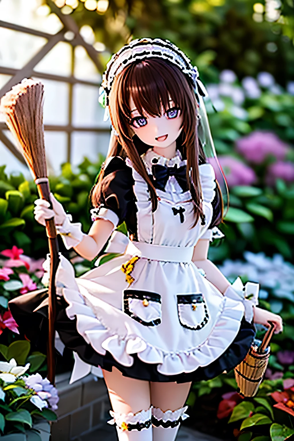 (SFW:2), photorealistic, realistic photo, 8k, Canon EOS, ((highest quality)), ((masterpiece)), (extremely detailed), dd, doll, idol dress, (squinted eyes:1.4), (mature woman, 21yo, 21 years old, solo, plastic skin, slim, skinny, slender, garden:1.6), (cowboy shot, holding a broom, sweeping, brown hair, long hair, bow, maid headpiece, black maid costume, maid apron, white thigh highs, smile, half opened mouth, purple brown eyes, glass eyes, shining eyes, detailed face:1.3)