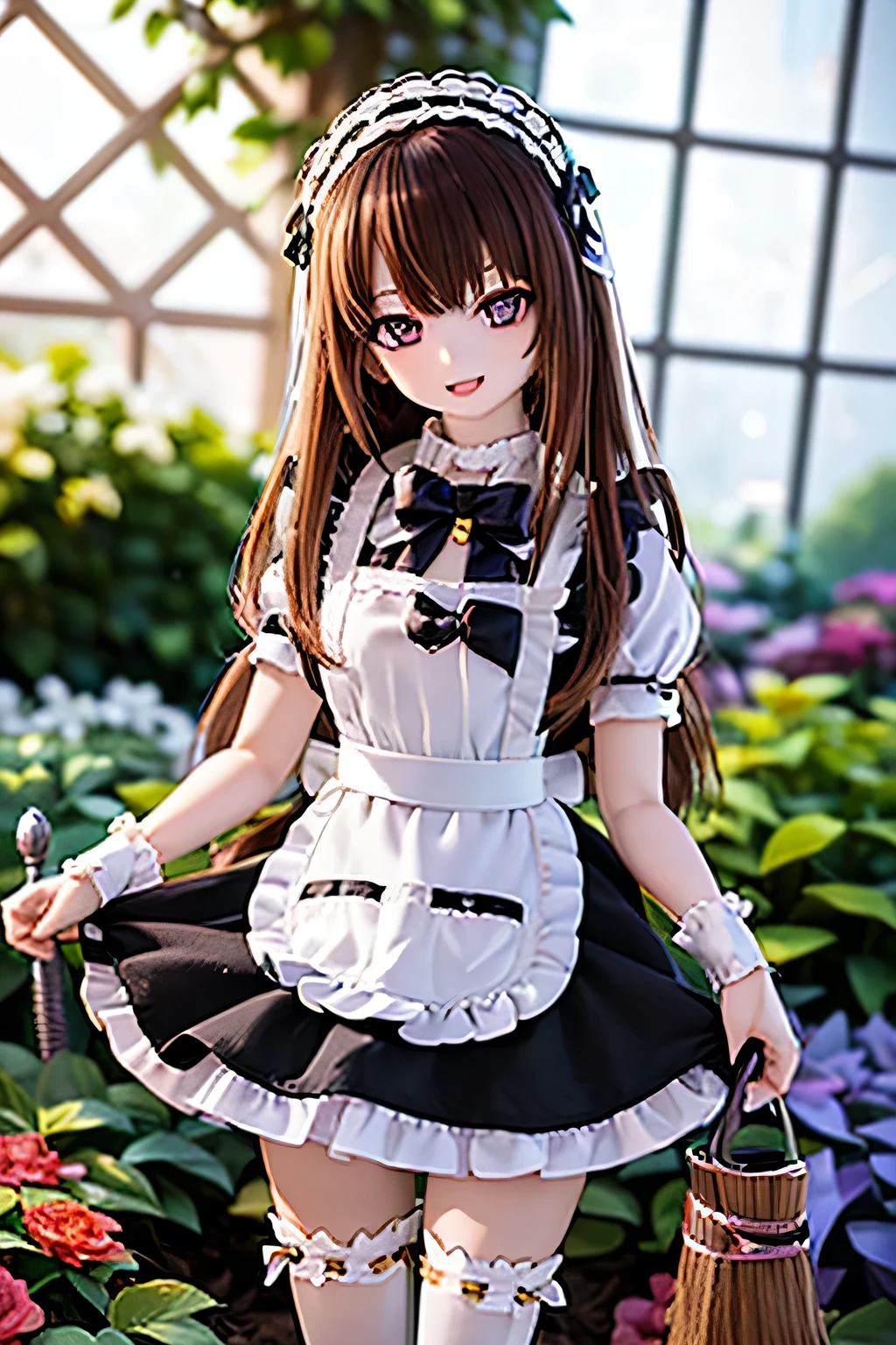 (SFW:2), photorealistic, realistic photo, 8k, Canon EOS, ((highest quality)), ((masterpiece)), (extremely detailed), dd, doll, idol dress, (squinted eyes:1.4), (mature woman, 21yo, 21 years old, solo, plastic skin, slim, skinny, slender, garden:1.6), (cowboy shot, holding a broom, sweeping, brown hair, long hair, bow, maid headpiece, black maid costume, maid apron, white thigh highs, smile, half opened mouth, purple brown eyes, glass eyes, shining eyes, detailed face:1.3)