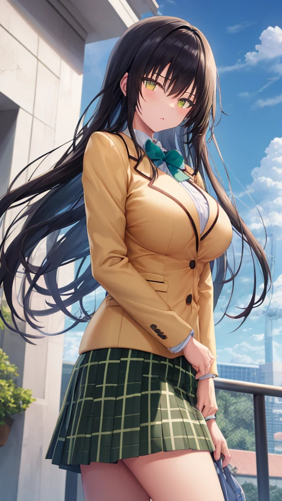 masterpiece, best quality, defYui, yellow blazer, long sleeves, green bowtie, plaid skirt, large breasts, furrowed brow, looking at viewer, blue sky, clouds, 