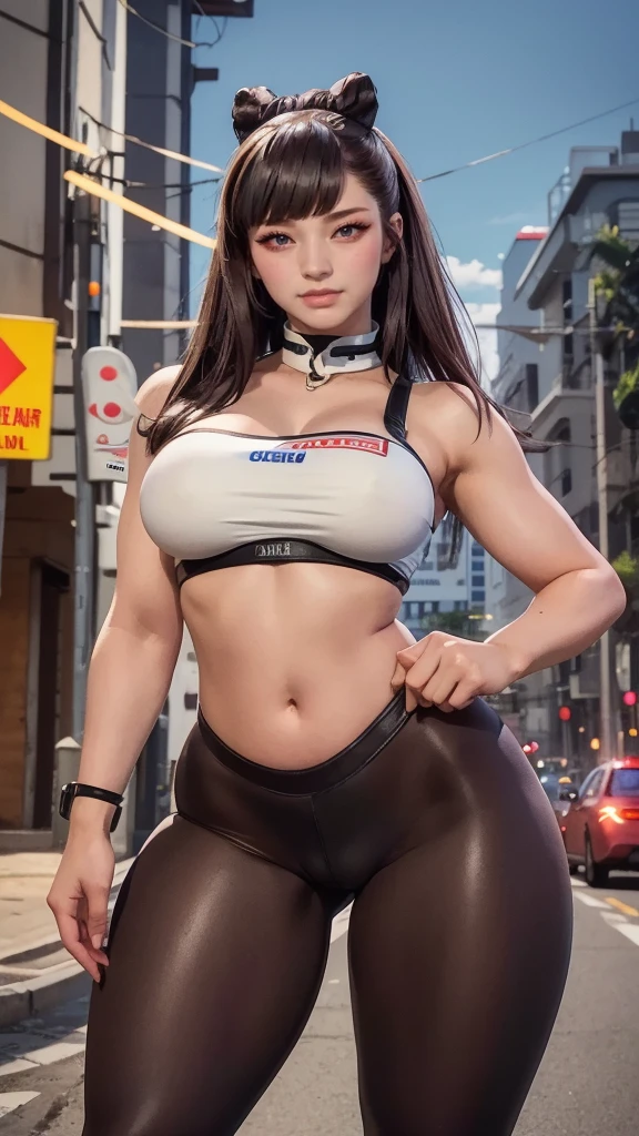 realistic, 1 women, best quality, 12k, HD, long hair, big round breasts, cleavage, ponytail, necklace, jewelry, shorts, short jacket, slim hips, hair tie, yellow eyes, black hair, super detailed, Eye details, hair details, person details, mouth details, face details, breast details, clothes details, hair details, pants details, hand details, whole body