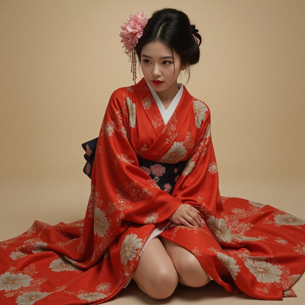 araffe asian woman in a red kimono sitting on the ground, a photorealistic painting inspired by Nishikawa Sukenobu, pixiv, ukiyo-e, japanese goddess, traditional beauty, japaneese style, gorgeous chinese model, glamorous and sexy geisha, in kimono, traditional japanese, red kimono, yoko matsugane as mai shiranui
