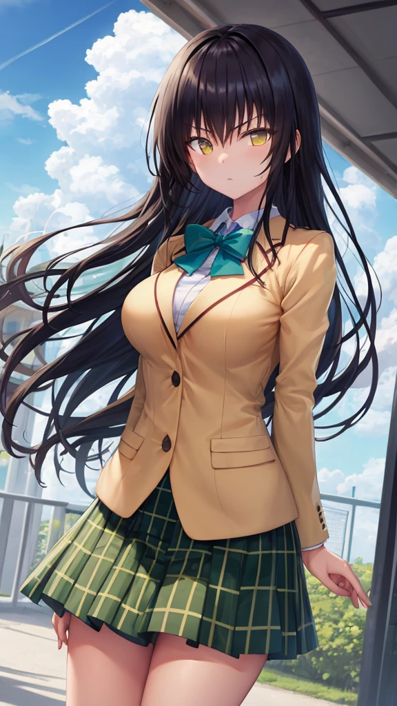 masterpiece, best quality, defYui, yellow blazer, long sleeves, green bowtie, plaid skirt, large breasts, furrowed brow, looking at viewer, blue sky, clouds, 