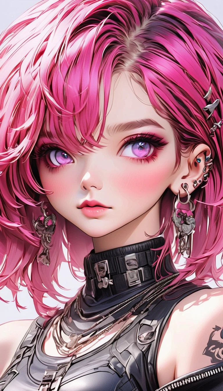  anime girl image:1.4,   a close up of a woman with tattoos on her face and body  ,  The bangs reach the eyebrows  ,   squinting eyes looking at the camera,  with long false eyelashes   ,   the head tilted slightly upwards  , With several piercings ;1,3 ,   wears black leather clothing with crosses like rings and piercings all over her ear , ,   shows a bare shoulder with tattoos   , pink background,   cyberpunk art inspired by Yanjun Cheng   ,   trend on CGSociety  , Gothic art, hyper-realistic   cyberpunk style  , cyberpunk art style,   cyberpunk style   ，   hyperrealistic,   beautiful face of a cyberpunk girl  ,   artwork in the style of guweiz   , Cyberpunk themed art  , ross drawings 1  . 0,   ross drawings 2  . 0