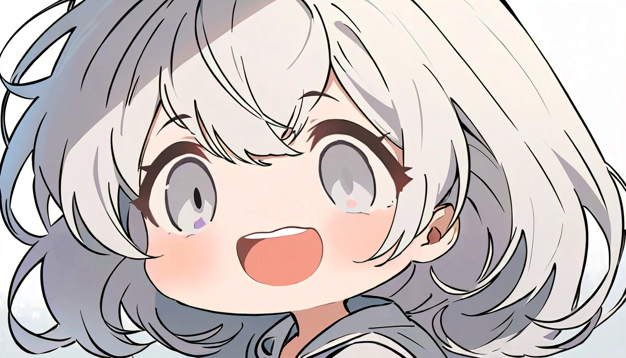 best quality, amazing intricate, cute 1girl, Flat manga style, heartwarming, medium breast,
(silver long hair) and (silver eyes),
from side, portrait, standing,
She is wearing a hoodie, laughing, wide-eyed, open mouth, 
Simple background, white background