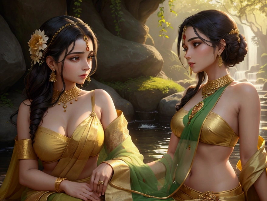 ((realistic:1.5)),((best quality)), ((masterpiece)),((detailed)), (1girl), {a beautiful female wearing, (upper body:1.3),super-wide-angle lens,face focus, mature,sexy,toned muscles,long legs,curvy, barefoot, medium breasts, open cleavage, drooping breasts, thick thighs,wide hips, thin legs, green eyes,long black hair,floting hair,long eyelashes, (detailed face,beautiful eye, detailed pupilss,detailed clothes features, clear background:1.3), (Bindi,Jhumkas:1.3), (Armlet, Haar, Payal,Maang Tikka,Jhumkas,Kamarband,Bangles:1.3), mysterious ancient ruin, lush forests, deep canyons,bridge,river,cliff,cloud, lakes,rock,waterfalls, flowers, grass, fog,vine,tree, smoke, best shadow,bright details,sharp,perfect composistion, Intricate, Sharp focus, dramatic, by Frank Frazetta,by Julie Bell,by Olivia De Berardinis,by Luis Royo,by boris vallejo, (specular lighting:1.3),rim light, princesses, royal skimpy topless, hugging and touching each other, teasing her friend's belly, teasing her friend's buttocks, blushing friend, biting her friend's ear lobe, hugging from behind, touching her friend's breasts from below