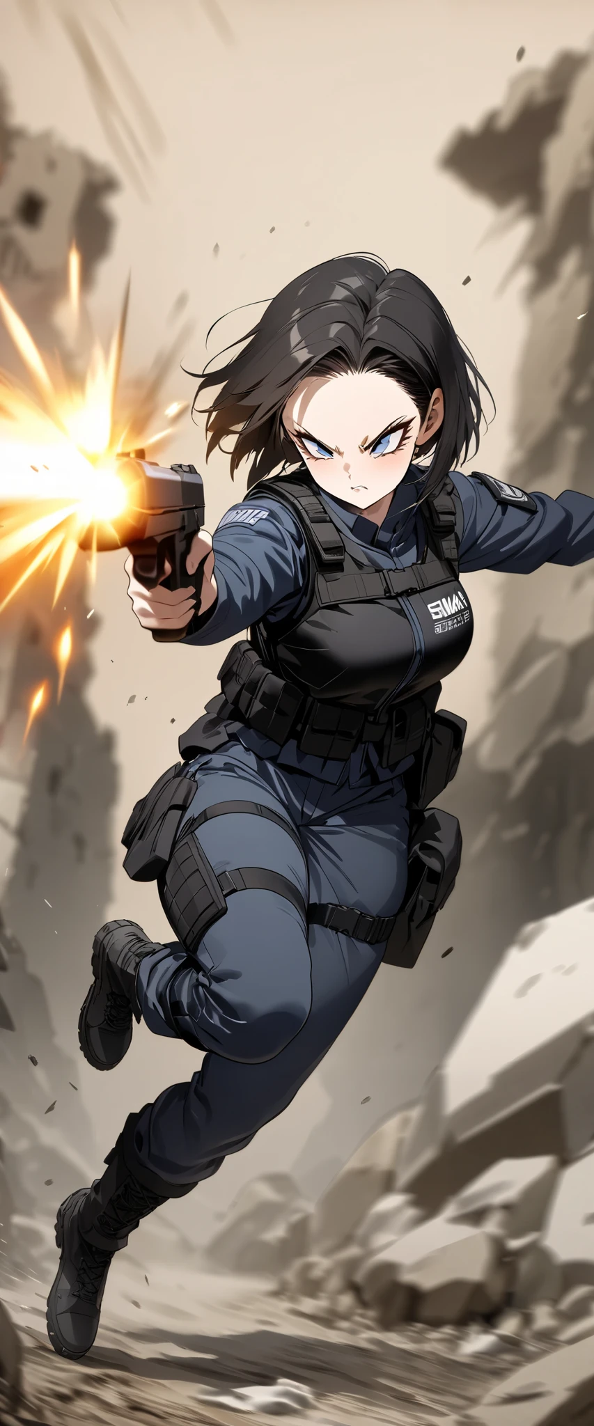 (masterpiece),(Highest quality),(High resolution),(Very detailed),One Woman,Japanese,Black Hair,Short Bob,Beautiful Eyes,Long eyelashes,Beautiful Hair,Beautiful Skin,strict,whole body,break(((Huge explosion behind woman))),Jump to escape the explosion,(Dynamic Movement),((ピストルを持っている:1.3)),SWAT Uniforms,Black bulletproof vest, Combat Boots,Black Tactical Forster,Tactical Headset,Tactical Helmet,(The background is the rubble of ruins),(((Background Blur)))