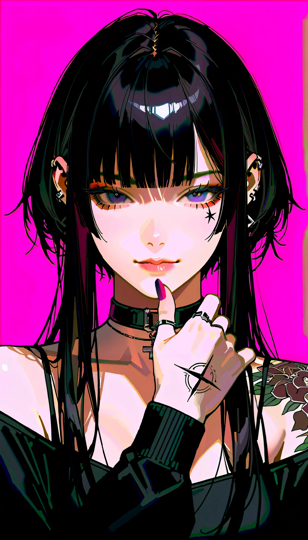  anime girl image:1.4,  a close up of a woman with tattoos on her face and body  ,  The bangs reach the eyebrows  ,  squinting eyes looking at the camera,  with long false eyelashes  ,  the head tilted slightly upwards  , With several piercings ;1,3 ,  wears black leather clothing with crosses like rings and piercings all over her ear , ,  shows a bare shoulder with tattoos  , pink background,  cyberpunk art inspired by Yanjun Cheng  ,  trend on CGSociety , Gothic art, hyper-realistic  cyberpunk style  , cyberpunk art style,  cyberpunk style  ，  hyperrealistic,  beautiful face of a cyberpunk girl  ,  artwork in the style of guweiz  , Cyberpunk themed art  , ross drawings 1  . 0,  ross drawings 2  . 0