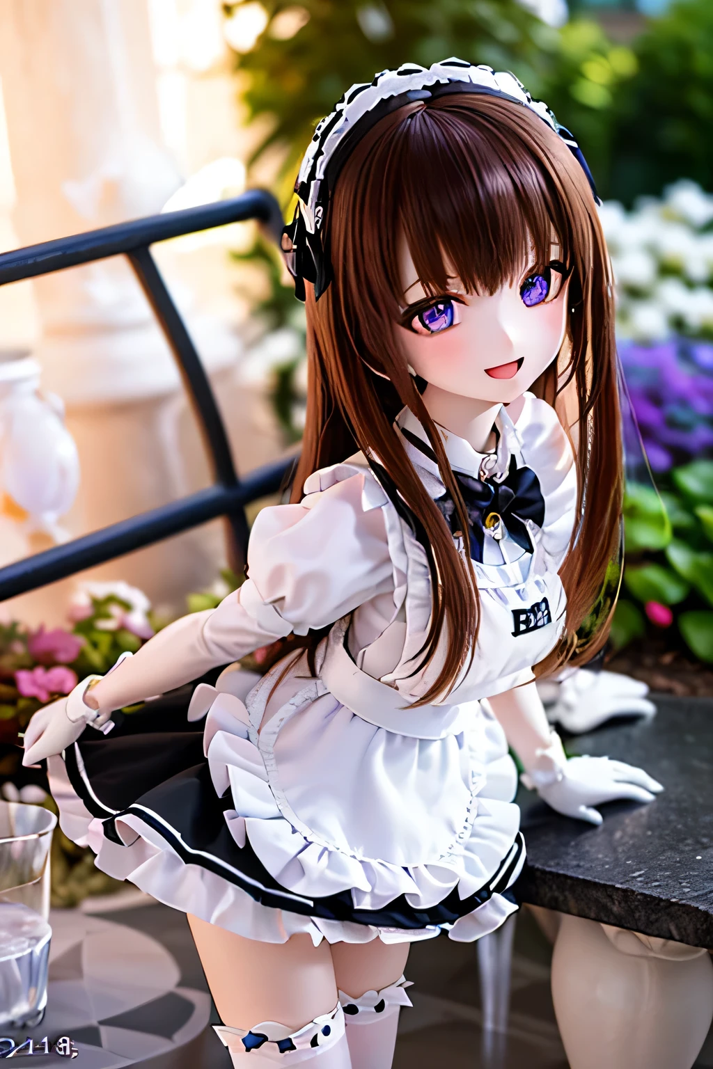 (SFW:2), photorealistic, realistic photo, 8k, Canon EOS, ((highest quality)), ((masterpiece)), (extremely detailed), dd, doll, idol dress, (squinted eyes:1.4), (mature woman, 21yo, 21 years old, solo, plastic skin, slim, skinny, slender, garden:1.6), (from side, brown hair, long hair, bow, maid headpiece, black maid costume, maid apron, white thigh highs, smile, half opened mouth, purple brown eyes, glass eyes, shining eyes, detailed face:1.3)