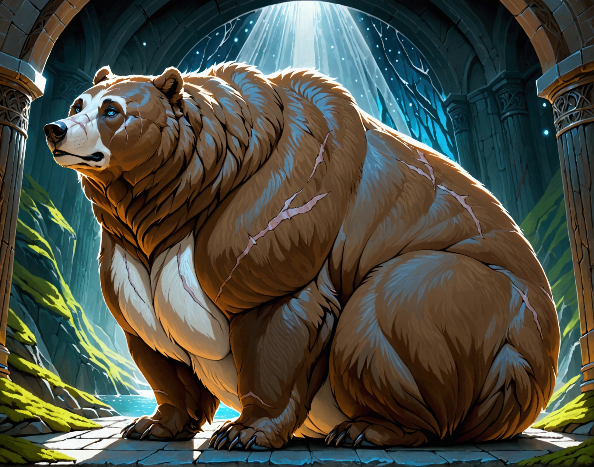 Very Extremely Morbidly-Obese Immobile very Feral Grizzly Bear with unbelievably Very very very Extremely Massive white Belly, scar on the face, Beautiful Blue eyes, side view. 