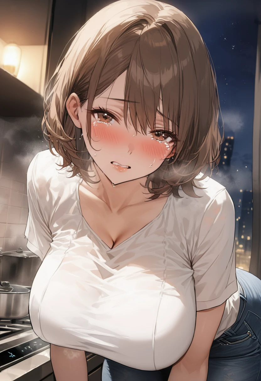 (( top quality)), (( Masterpiece )), ( Details), ( 1 girl),  sexy,milf, (Brown Hair), Bust 9０CM's Big Breasts Married Woman ,  young woman, (((Married Woman Who Holds Tears ))), (woman in white blouse and jeans), steam, blush, ((( loose, short hair ))), ((( looking at camera))), ((( Night Kitchen)))