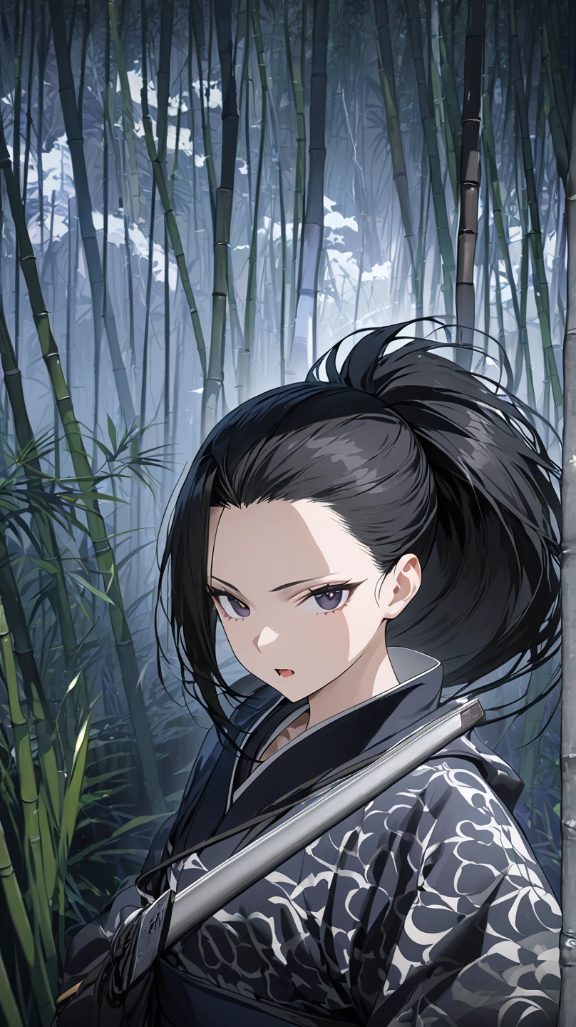  top quality, masterpiece,  high definition , masterpiece, 
Eight million,  1 girl,  close-up ,  dark eyes,  black hair,   ponytail,  long hair,  's hair was pulled back by fajyobore , , Alone, looking at viewer,Bamboo forest background , in the middle of the night,Up to the thighs, dark eyes, Slender,Slightly toned body ,up to the knee
Open your mouth slightly , chest,A little glare, and look
Kimono with a cloud pattern ,Samurai girl,身体中にKatanaを身につけている,Katana,肌が露出した部分からKatanaを複数生成している, 肌が露出した部分からKatanaが生えている,Katana(The blade removed from the scabbard is exposed )
