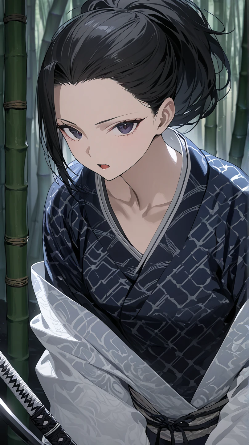  top quality, masterpiece,  high definition , masterpiece, 
Eight million,  1 girl,  close-up ,  dark eyes,  black hair,   ponytail,  long hair,  's hair was pulled back by fajyobore , , Alone, looking at viewer,Bamboo forest background , in the middle of the night,Up to the thighs, dark eyes, Slender,Slightly toned body ,up to the knee
Open your mouth slightly , chest,A little glare, and look
Kimono with a cloud pattern ,Samurai girl,身体中にKatanaを身につけている,Katana,肌が露出した部分からKatanaを複数生成している, 肌が露出した部分からKatanaが生えている,Katana(The blade removed from the scabbard is exposed )
