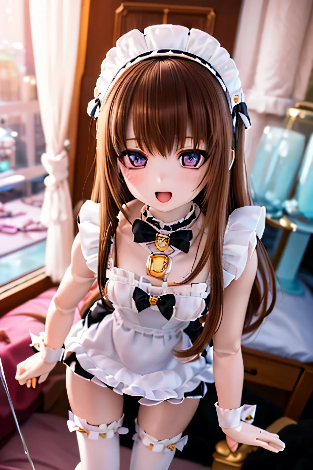 (SFW:2), photorealistic, realistic photo, 8k, Canon EOS, ((highest quality)), ((masterpiece)), (extremely detailed), dd, doll, idol dress, (squinted eyes:1.4), (mature woman, 21yo, 21 years old, solo, plastic skin, slim, skinny, slender, bedroom:1.6), (from front, painful, bend over, hug oneself, brown hair, long hair, bow, maid headpiece, black maid costume, maid apron, white thigh highs, half opened mouth, purple brown eyes, glass eyes, shining eyes, detailed face:1.3)