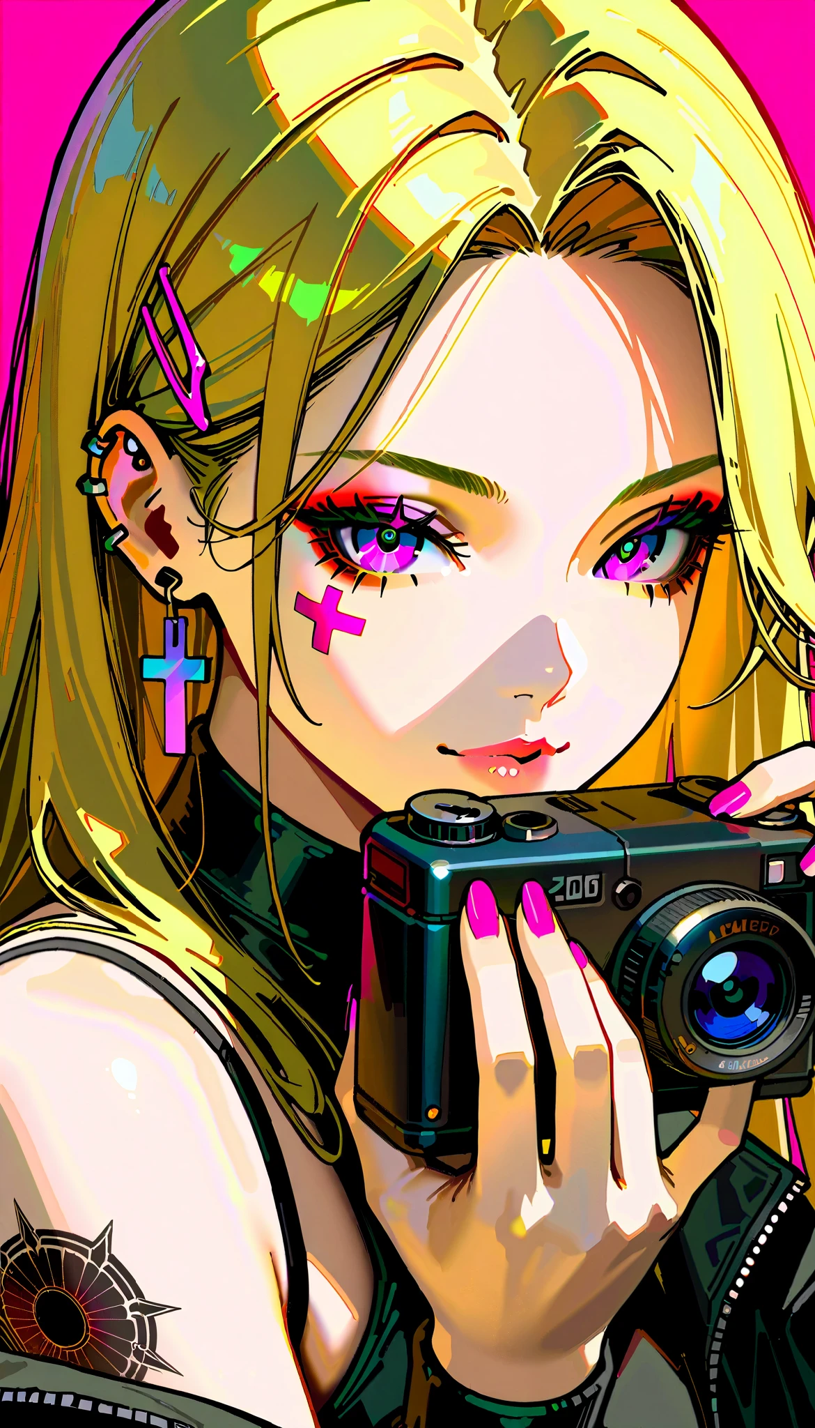  anime girl image:1.4,  a close up of a woman with tattoos on her face and body  ,  The bangs reach the eyebrows  ,  squinting eyes looking at the camera,  with long false eyelashes  ,  the head tilted slightly upwards  , With several piercings ;1,3 ,  wears black leather clothing with crosses like rings and piercings all over her ear , ,  shows a bare shoulder with tattoos  , pink background,  cyberpunk art inspired by Yanjun Cheng  ,  trend on CGSociety , Gothic art, hyper-realistic  cyberpunk style  , cyberpunk art style,  cyberpunk style  ，  hyperrealistic,  beautiful face of a cyberpunk girl  ,  artwork in the style of guweiz  , Cyberpunk themed art  , ross drawings 1  . 0,  ross drawings 2  . 0, negativeXL_D