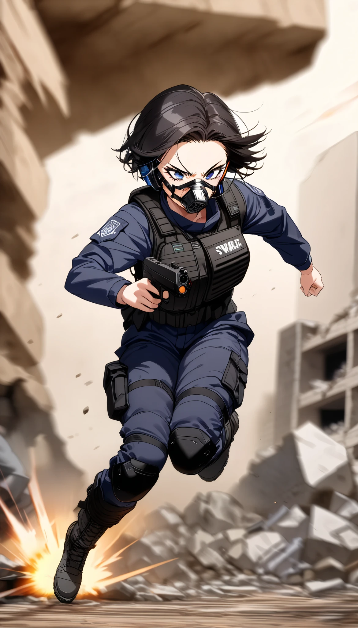 ((masterpiece)),((Highest quality)),((High resolution)),((Very detailed)),One Woman,Japanese,Black Hair,Short Bob,Beautiful Eyes,Long eyelashes,Beautiful Hair,Beautiful Skin,strict,whole body,(anger),BREAK(Point a gun at a criminal),(Observing criminals),(Firing a gun),(((Muzzle flash)),SWAT Uniforms,Black bulletproof vest, Combat Boots, Black Tactical Forcer,Tactical Headset,(The background is the rubble of ruins),(((Background Blur))),((hand)),(pistol),(Action Shots)
