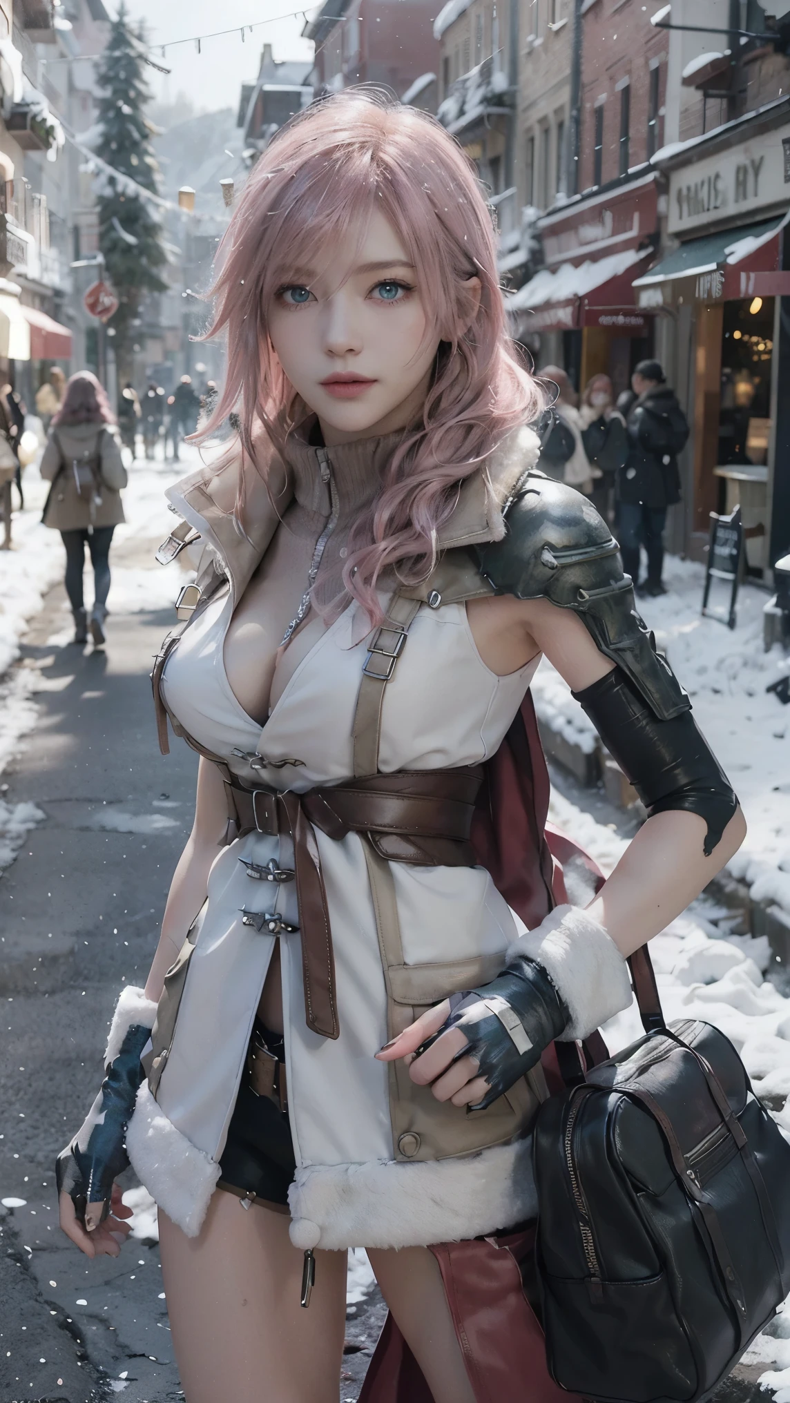 Lightning farron,(best qualityer,4K,8k,high resolution,work of art:1.2)(weather: snowing), Mondstadt town background, coffee shop, winter outfit, beige winter sweater, fur mittens, winter fur scarf, winter leggings, winter boots, winter beanie, silver neck jewelry, snowflake embroidery, small purse, cheek mole, short curly hair, pink hair, ultra detailed, realistic, portrait,beautiful detailed jade green eyes with slit-shaped pupils, glowing eyes,blush,beautiful detailed lips,extremely detailed eye and face, long eyelashes,sexy,average, large breasts,beaming smile, flirty smile, powerful girl, sexy pose, stunning curves, bright coloured, dramatic lighting, Christmas lights, Christmas tree, drinking coffee,