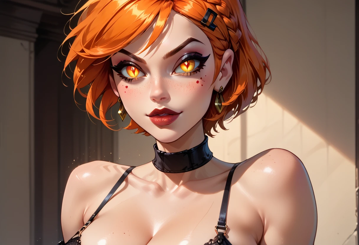 score_9, score_8_up, Expressiveh,Hazbin ffuturegwenxl, 1girl, solo, short hair, green eyes, earrings,orange hair, multicolored hair, gradient hair, hairclip, huge breasts (light skinned female:1.6),((score_9, score_8_up, score_7_up), score_9, score_8_up, score_7_up, score_6_up, score_5_up, score_4_up, masterpiece, lingerie, highleg panties, fishnet thighhighs, standing, perfect face, perfect eyes, 4ng3l face, 
1girl, serana, crown braid,cleavage,sharp fingernails,black lips, red eyes,slit pupils,|orange eyes, yellow eyes,|glowing pupils, glowing eyes,
solo, sexy, glamor, sexy pose, flirty, seductive, erect nipples under clothes, skindentation, seductive expression, horny, aroused, naughty face, motion lines, collar,