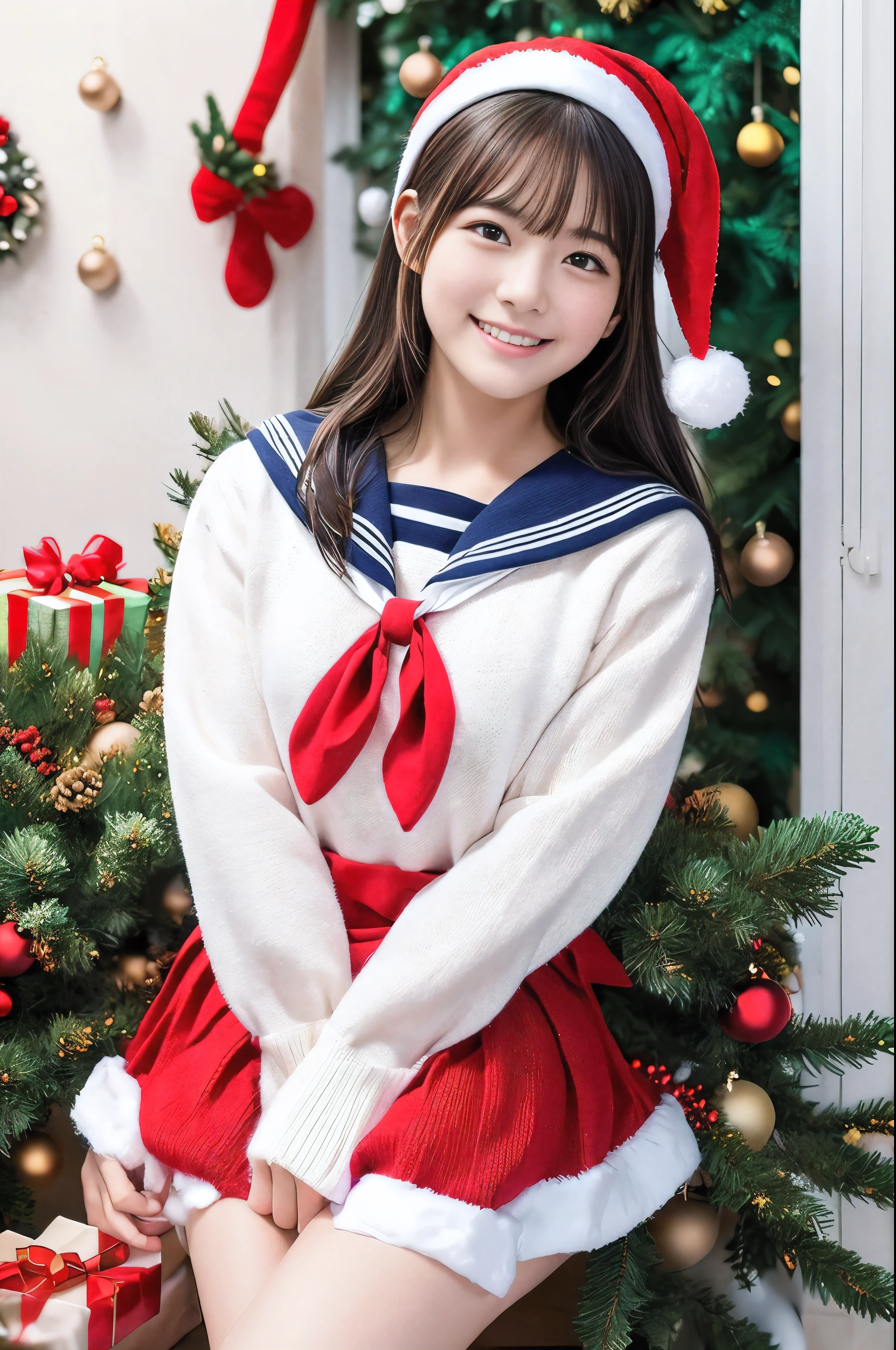 girl、1 person、Innocent、 (18 years old)、( Cute Like an Idol :1.2), a beauty girl、 small tits、 flat chested, HEALTHY SKIN、Healthy Body、 muscular、(恥ずかしそうに laughs)、 Sexy Outfit 、 Kitty Cat、Fluffy knit、(knitted fabric sailor suit 、Red Sailor Suit、Sharp Sparkling Jewel Ornament :1.5)、Knee-length skirt、(sitting、knees up:1.2)、 dynamic angle 、 ( Christmas Tree with a Beautiful Background 、 Christmas Party:1.5)、masterpiece, top quality, high definition , realistic skin texture、silky white hair、Bright hair 、 Transparent Hair 、Silky Thin Hair 、Detailed face and eyes、 laughs、 natural light、 Soft Light That Illuminates the Entire Screen 、 Perfect Anatomy , Physical Base Rendering , photorealistic, symmetrical clear eyes , Sparkling Star Decorations 、 knitted hoodie with cat ears 、 movie scene 、 dramatic、Photos taken with a single-lens reflex camera、CANON 5d、