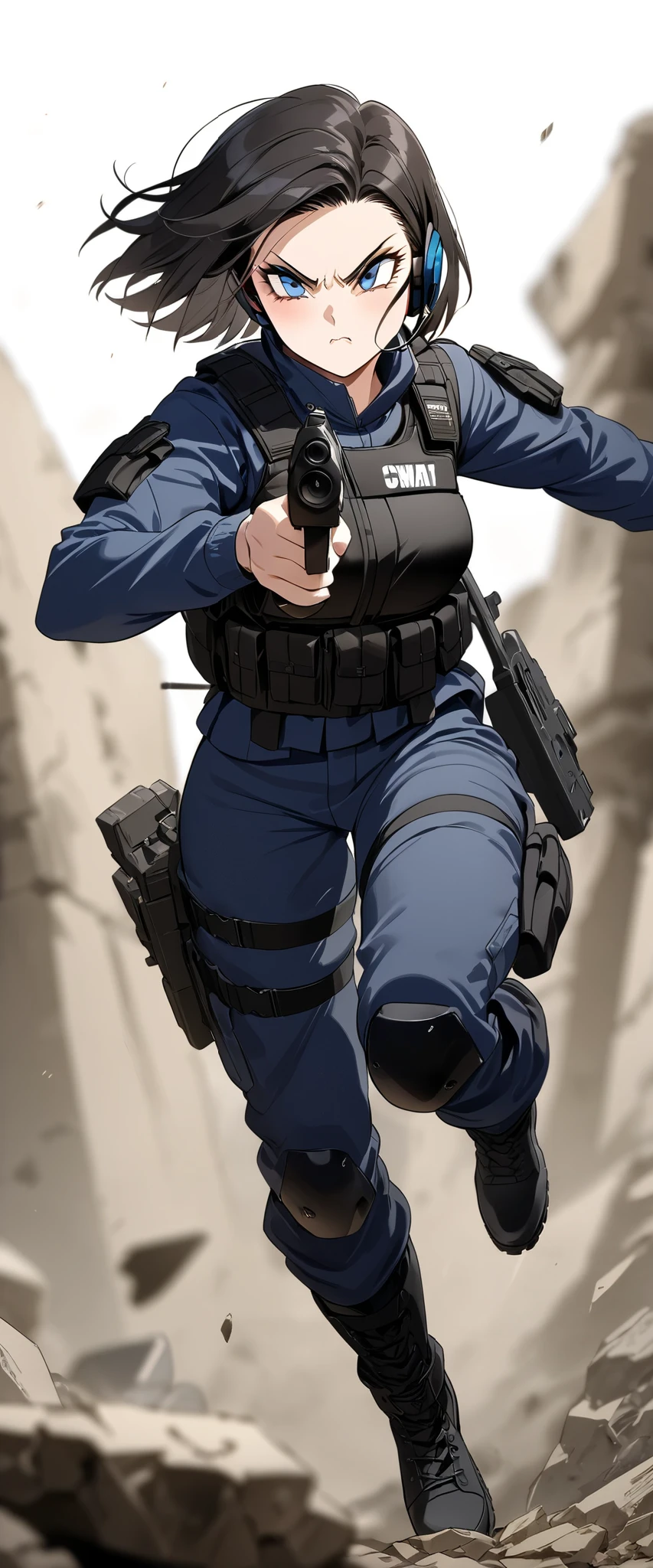 ((masterpiece)),((Highest quality)),((High resolution)),((Very detailed)),One Woman,Japanese,Black Hair,Short Bob,Beautiful Eyes,Long eyelashes,Beautiful Hair,Beautiful Skin,strict,whole body,(anger),BREAK(Point a gun at a criminal),(Observing criminals),(Firing a gun),SWAT Uniforms,Black bulletproof vest, Combat Boots, Black Tactical Forcer,Tactical Headset,(The background is the rubble of ruins),(((Background Blur))),((hand)),(pistol),(Action Shots)