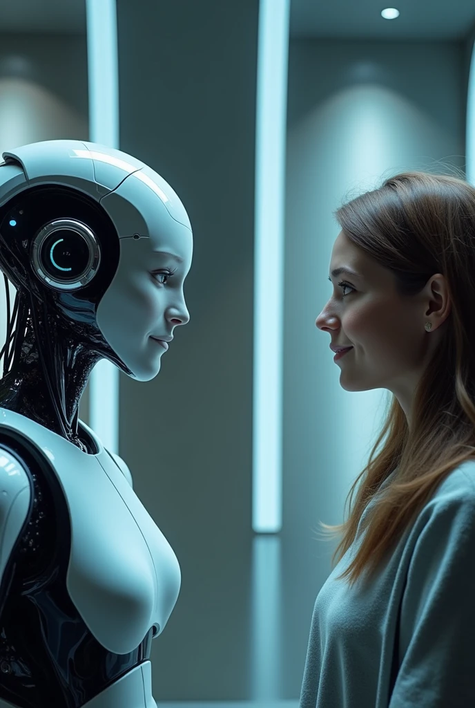 An android robot next to a 31-year-old woman. ((one of them has a total robotic appearance)), the other a human appearance. de frente cara a cara en la misma escena