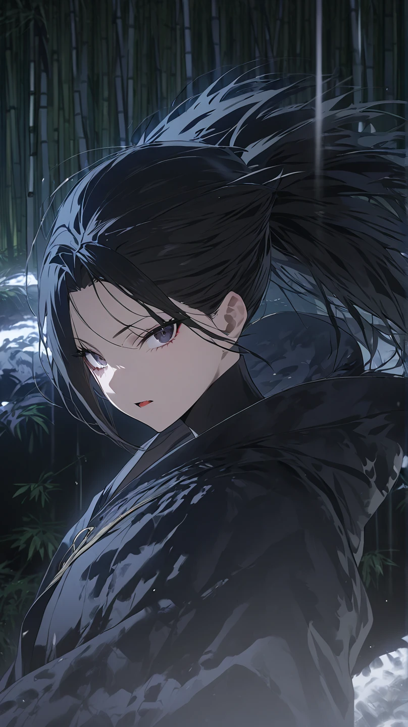  top quality, masterpiece,  high definition , masterpiece, 
Eight million,  1 girl,  close-up ,  dark eyes,  black hair,   ponytail,  long hair,  's hair was pulled back by fajyobore , , Alone, looking at viewer,Bamboo forest background , in the middle of the night,Up to the thighs, dark eyes, Slender,Slightly toned body ,up to the knee
Open your mouth slightly , chest,A little glare, and look
Kimono with a cloud pattern ,Samurai girl,身体中にKatanaを身につけている,Katana,肌が露出した部分からKatanaを複数生成している, 肌が露出した部分からKatanaが生えている,Katana(鞘から抜いたbladeがむき出しの状態),身体から無数のbladeが生えている,体から生えた無数のbladeは着物を突破って出ている,blade(Katanaの刀身)
