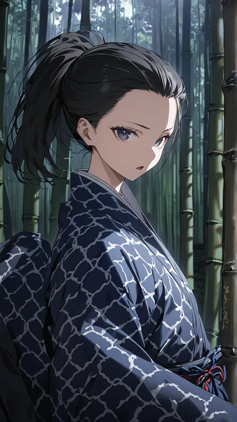  top quality, masterpiece,  high definition , masterpiece, 
Eight million,  1 girl,  close-up ,  dark eyes,  black hair,   ponytail,  long hair,  's hair was pulled back by fajyobore , , alone, looking at viewer,Bamboo forest background , in the middle of the night,Up to the thighs, dark eyes, slender,Slightly toned body ,up to the knee
Open your mouth slightly , chest,A little glare, and look
Kimono with a cloud pattern ,Samurai girl,身体中にkatanaを身につけている,katana,肌が露出した部分からkatanaを複数生成している, 肌が露出した部分からkatanaが生えている,katana(鞘から抜いたがむき出しの状態),身体から無数のが生えている,体から生えた無数のは着物を突破って出ている,(katanaの刀身)
