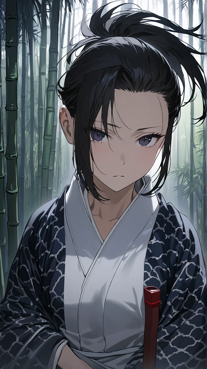  top quality, masterpiece,  high definition , masterpiece, 
Eight million,  1 girl,  close-up ,  dark eyes,  black hair,   ponytail,  long hair,  's hair was pulled back by fajyobore , , Alone, looking at viewer,Bamboo forest background , in the middle of the night,Up to the thighs, dark eyes, Slender,Slightly toned body ,Up to the knees,少し大きなchest
口を少し開ける, chest,A little glare, under the kimono
Open the cloud pattern kimono ,Samurai girl,身体中にKatanaを身につけている,Katana,肌が露出した部分からKatanaを複数生成している, 肌が露出した部分からKatanaが生えている,Katana(The blade removed from the scabbard is exposed )
