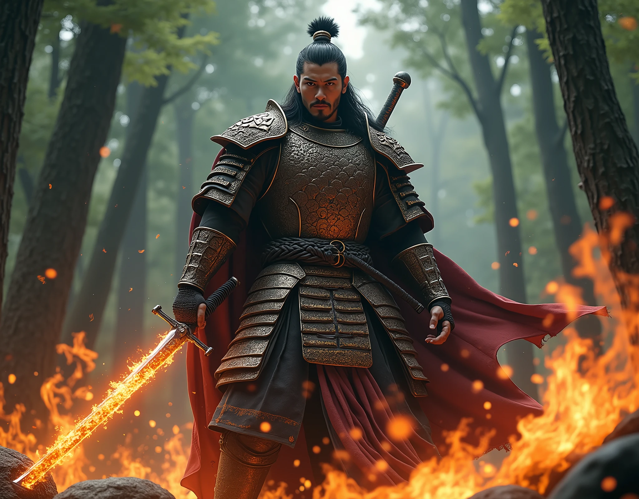  The Mightiest Hero in Japanese Mythology , Yamato Takeru Nomikoto , Emperor Yamato Takeru,  who combs the fire with Kusanagi Sword , Kento Yamazaki,  top quality,  high image quality,  high definition , 8k wallpaper,  showing a forest of trees , 