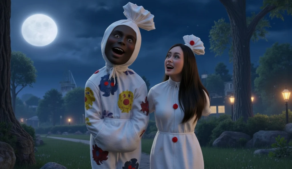 cute pocong black face man, wearing his white patterned shroud with colorful skulls sitting on a tree branch with a long haired female ghost ((face covered by hair)) with a nun's hat on her head long white dress with red polka dots, the night moon shining. His laughter echoes in the air as he dances with the wind, spreading joy wherever he goes. Bright colored 3D animated image ala pixar.